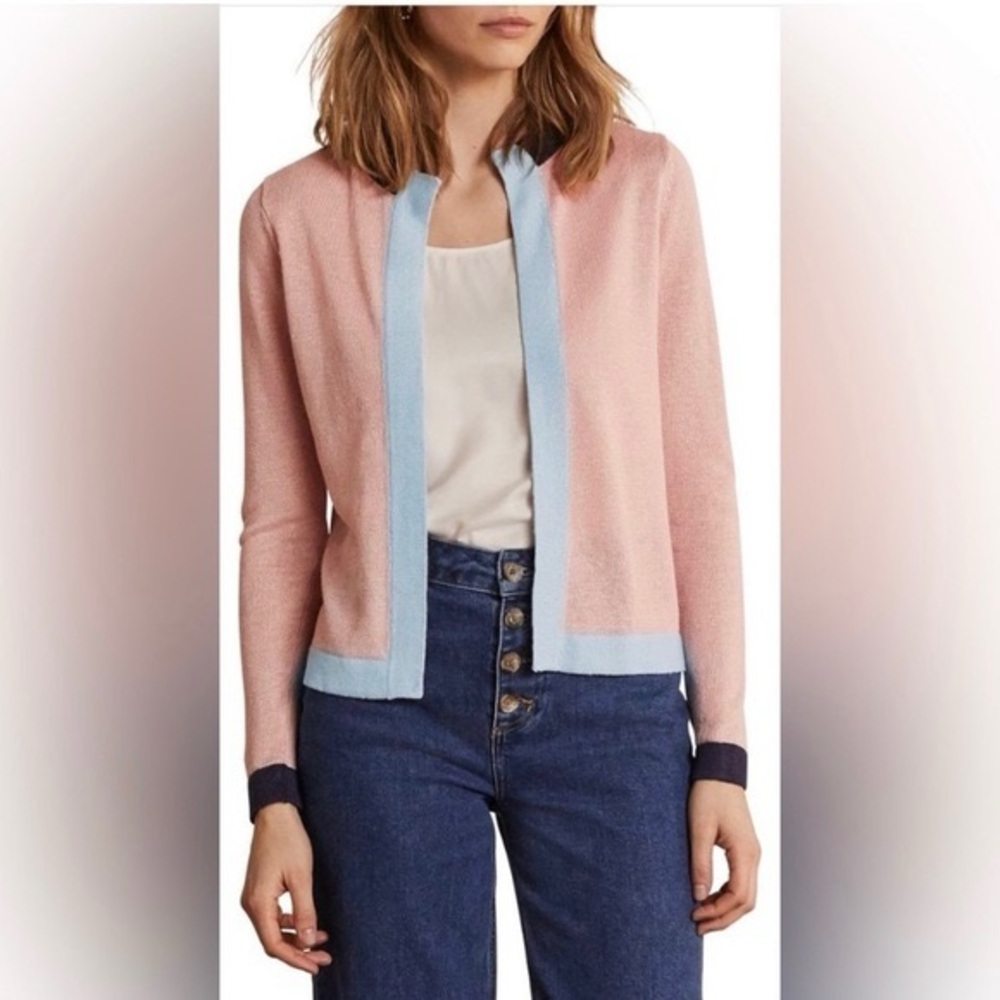 Boden 100% linen colorblock cardigan sweater in pink and blue.